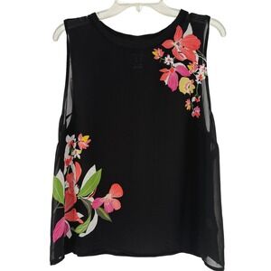 A New Day Black Floral Sheer Overlay Sleeveless Tank Top XL Colorful Art to Wear